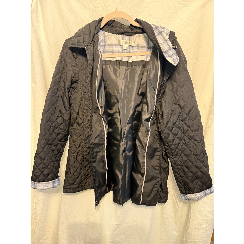 Liz Claiborne New York Black Quilted Hooded Barn Jacket Plaid Lining Womens 1X